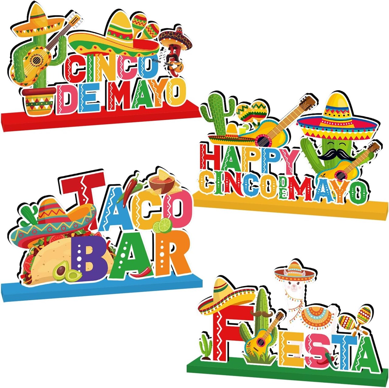 4 Pcs Cinco de Mayo Wooden Table Centerpieces – Happy Fiesta Taco Bar Party Signs – Mexican Fiesta Table Decor for Party, Kitchen, Mantel & Shelf Decoration – Perfect for Mother's Day Card Making Displays